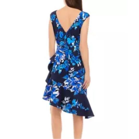 New Eliza J Boat Neck Cascade Ruffle Sheath Dress in Floral Print Size 8 - Picture 3 of 10